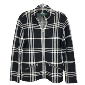 Lauren Ralph Lauren plaid window panel cotton sweater jacket size 2x black white